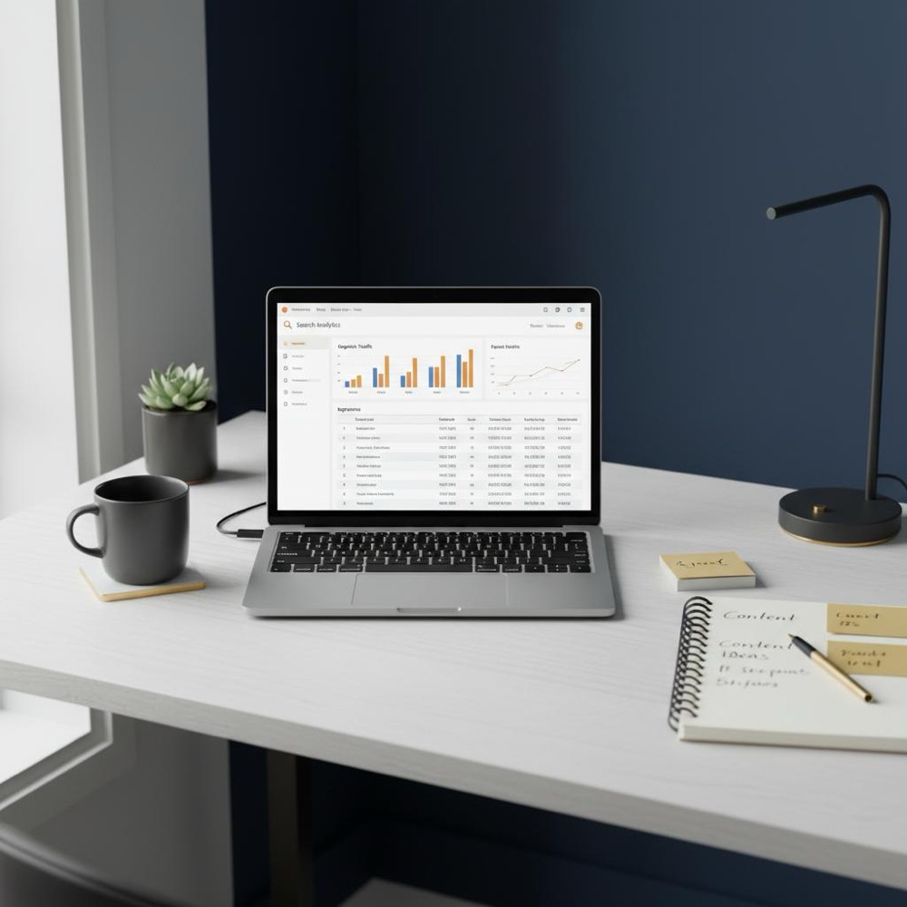 Minimalist workspace with laptop showing search analytics dashboards and a notebook of content ideas on navy background with gold accents - organic search