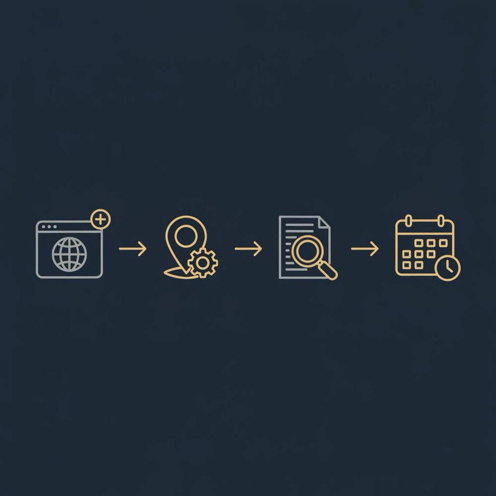 Minimal 2D vector infographic of four gold icons connected by arrows showing a step flow for SE Ranking: add site, configure geo, run audit, schedule report on navy background.