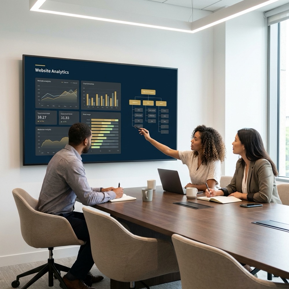Small team reviewing analytics and site architecture on a large monitor in a minimalist navy office focused on website search engine optimization