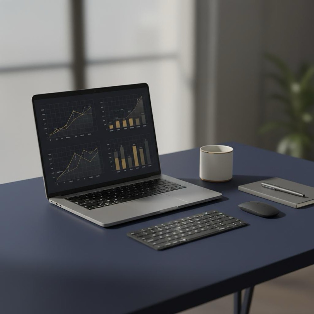 Minimalist workspace with laptop displaying analytics graphs on a navy #0B1E33 background with gold #C8A45D accents, soft lighting, shallow depth of field, no people - semrush for seo