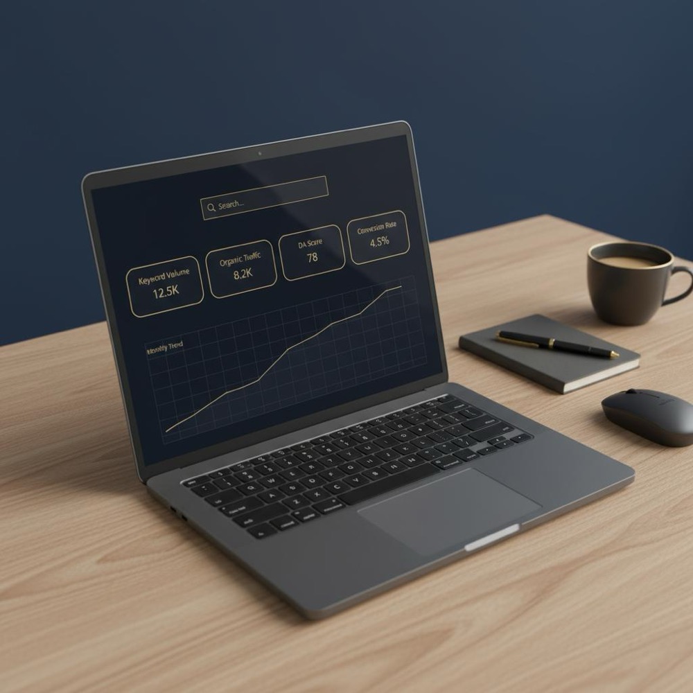 Minimalist workspace with laptop showing a search-analysis dashboard and subtle Orvus Ltd. accents - is ubersuggest better than ahrefs