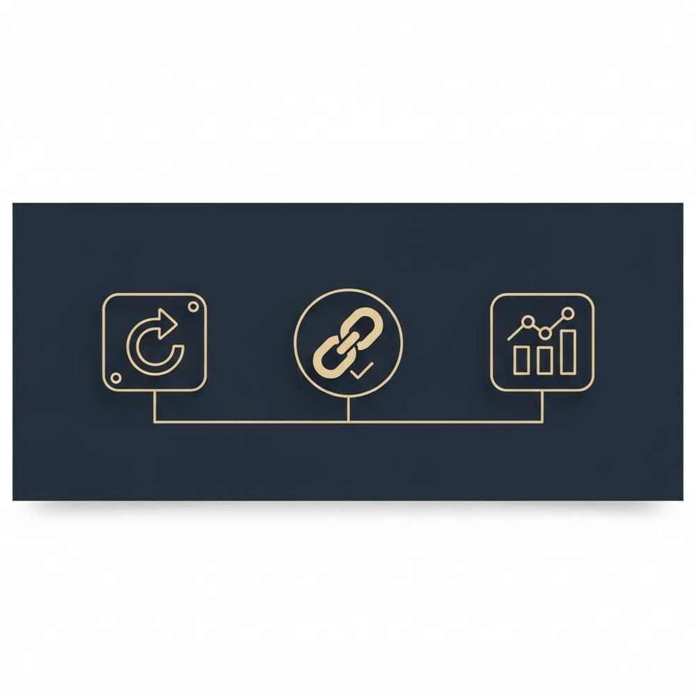 Minimal 2D vector infographic with icons for redirects canonical tags and analytics on a dark blue background designed for google sites seo