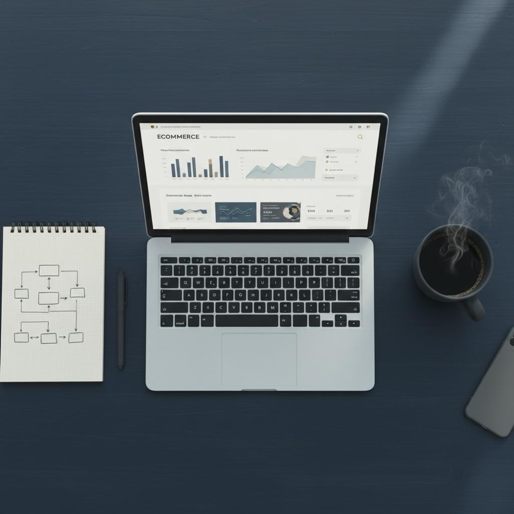 Top-down minimal desk with laptop showing ecommerce seo pricing dashboard, notebook with site architecture sketch, coffee cup, and Orvus Ltd. brand colors.