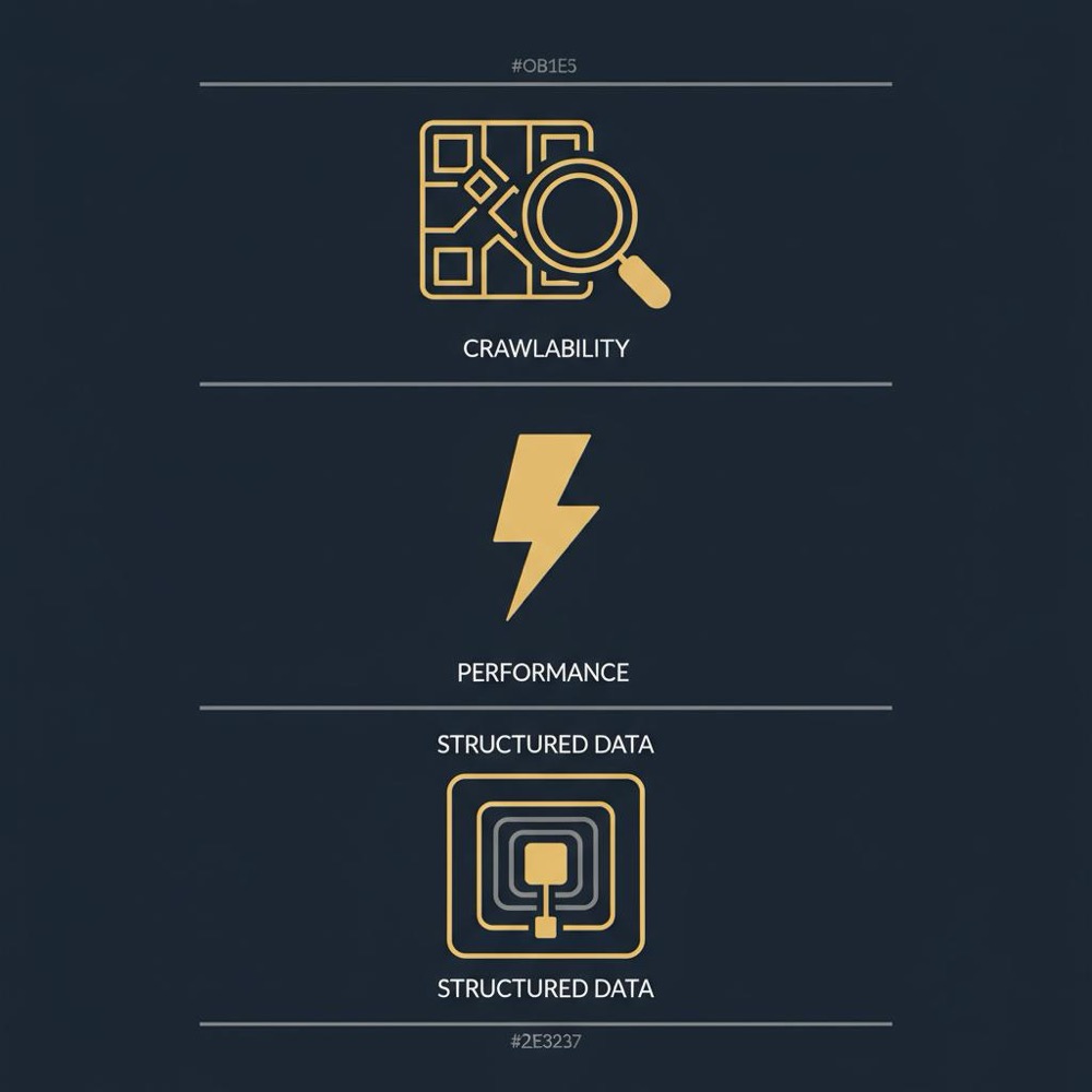 Minimal 2D vector infographic showing three stacked layers-crawlability, performance, and structured data-using Orvus brand colors for technical seo for developers.