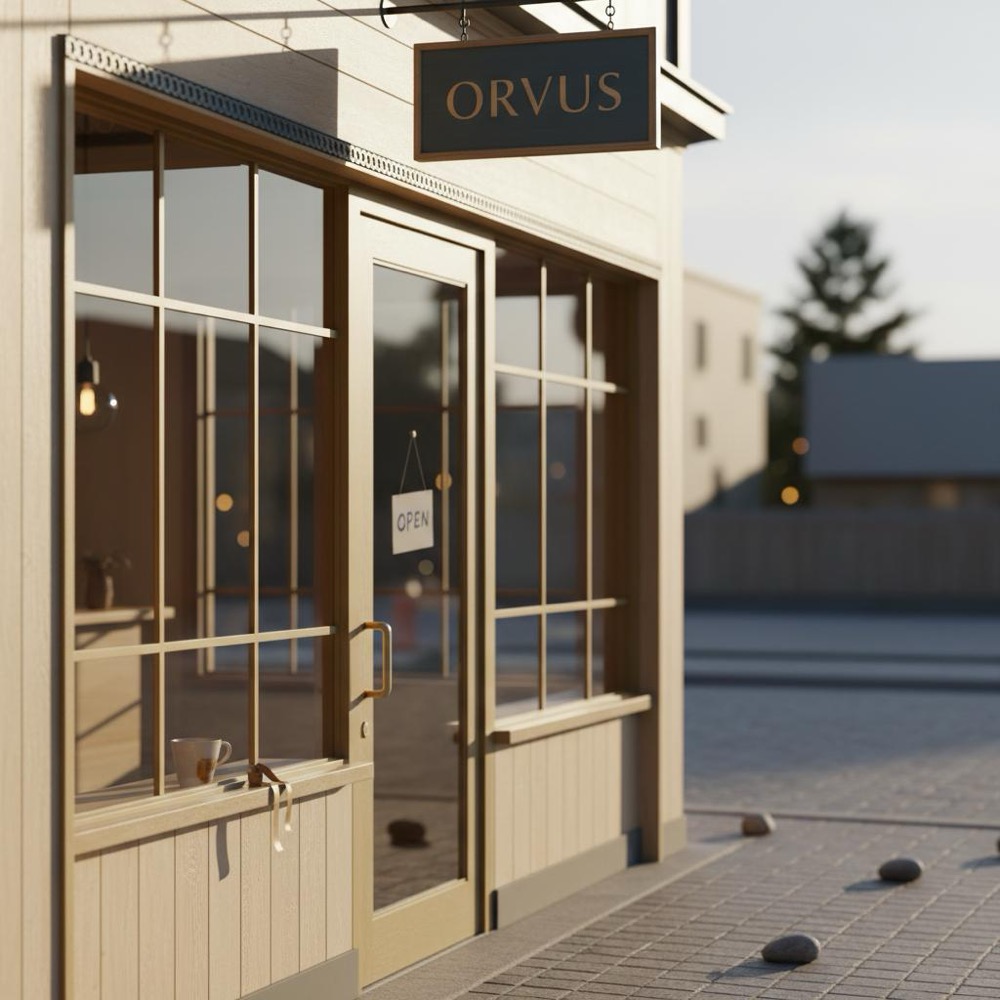 Tidy small bakery storefront with clear sign and paper 'Open' sign, warm lighting, minimal props echoing Orvus Ltd. palette; full-frame photo for cheap SEO article.