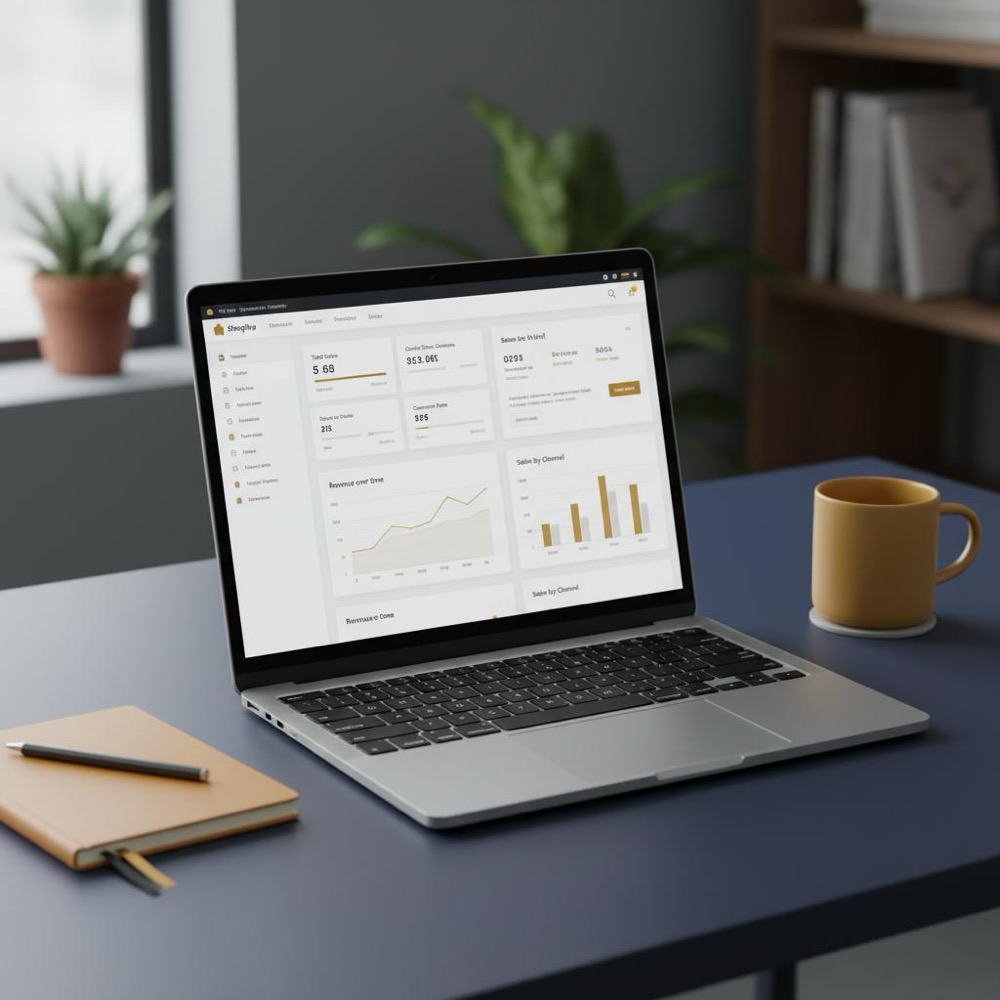 Tidy developer workspace with laptop showing Shopify dashboard and analytics on dark blue desk, subtle #C8A45D notebook and mug accents - hire shopify expert