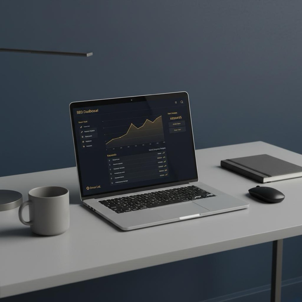 Minimalist workspace with a laptop showing an SEO dashboard and Orvus Ltd. branded accents, showcasing the best SEO tool 2025 in a professional, natural setting.