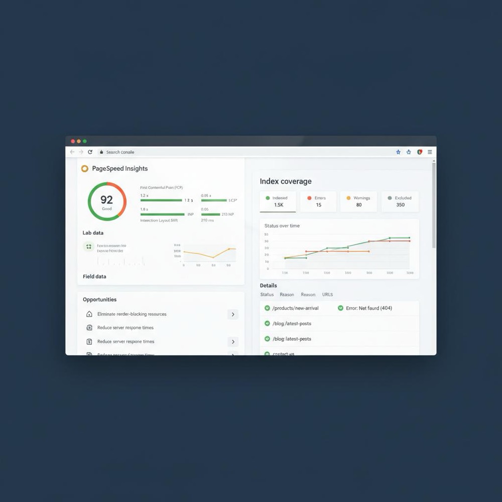 Screenshot-style PageSpeed Insights and Google Search Console coverage panel on a dark-blue desktop background by Orvus Ltd., designed to help optimize my website for SEO.