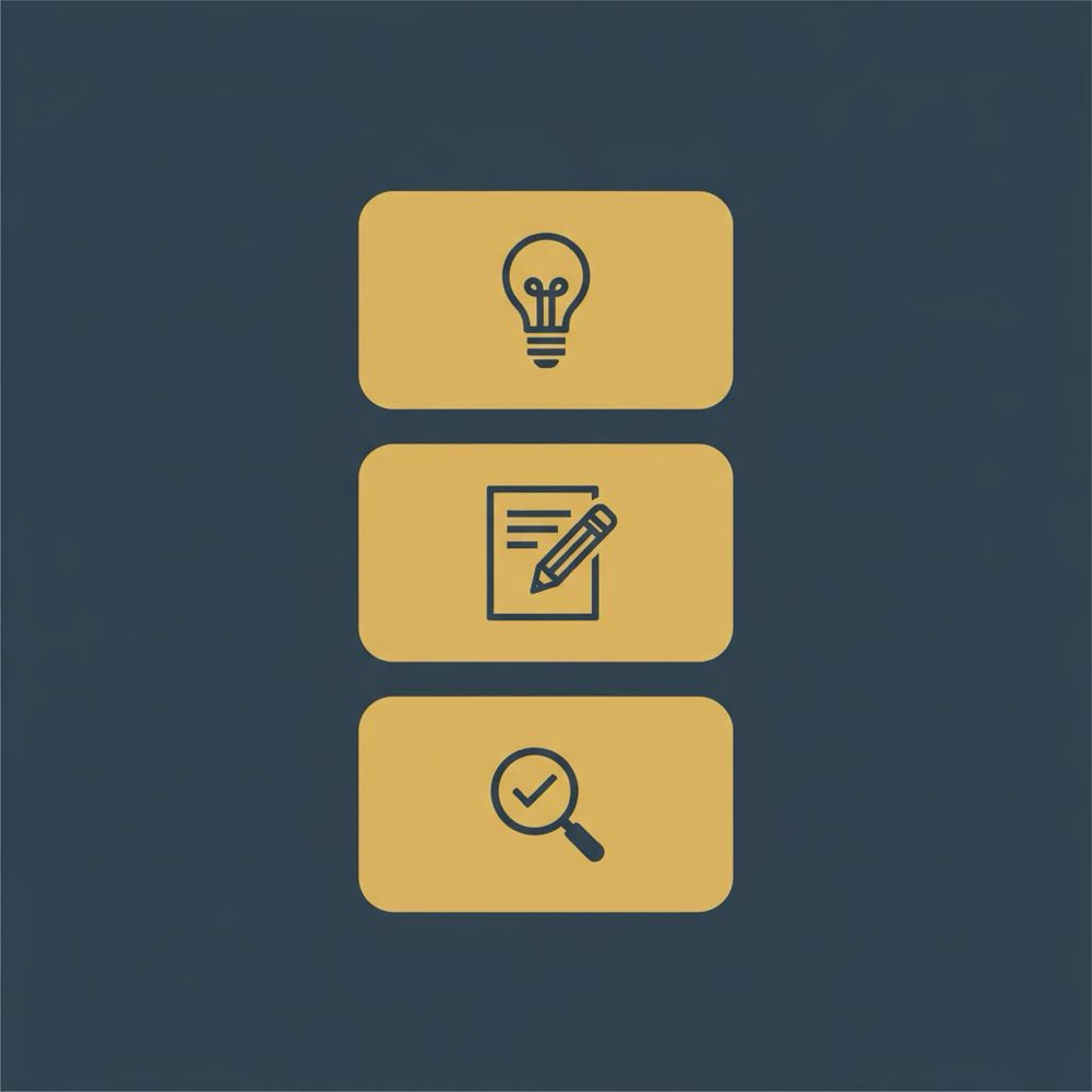 Minimal 2D vector infographic of three stacked cards with lightbulb, pencil, and magnifying glass icons on a dark blue background, representing stages for an AI copywriter