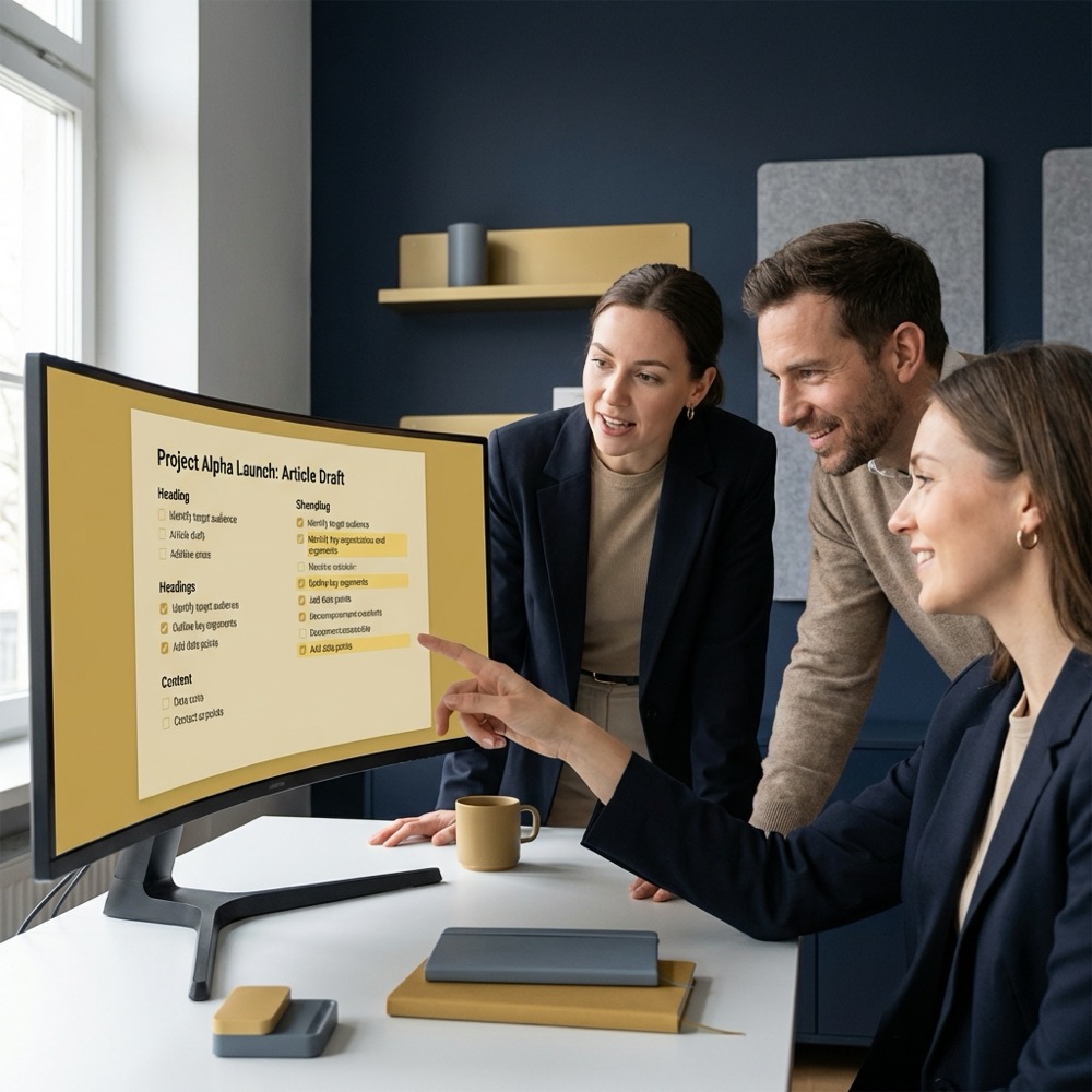 Small team reviewing content on a monitor with visible outline and checklist seo content writing minimalist workspace deep navy background gold and slate gray accents