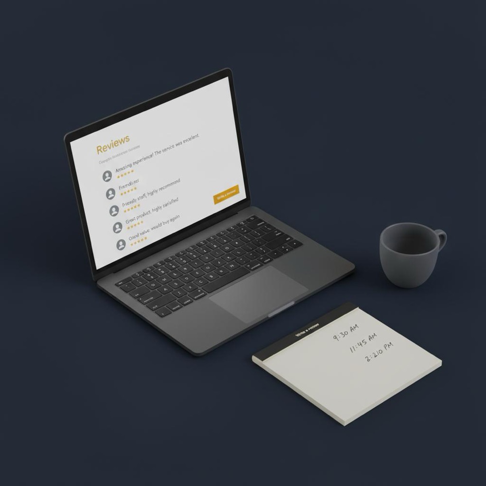 Can Google remove a bad review? Minimalist desk with laptop showing a Google Business Profile review, notepad with timestamps and coffee cup in Orvus Ltd. colors (#0B1E33, #C8A45D).