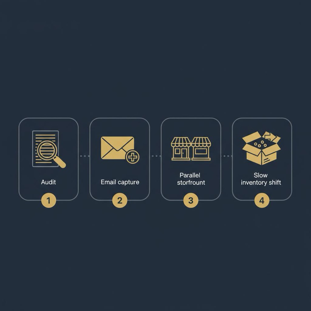 Minimal vector roadmap infographic showing staged migration steps-audit, email capture, parallel storefront, slow inventory shift-on deep navy background; are sellers leaving etsy
