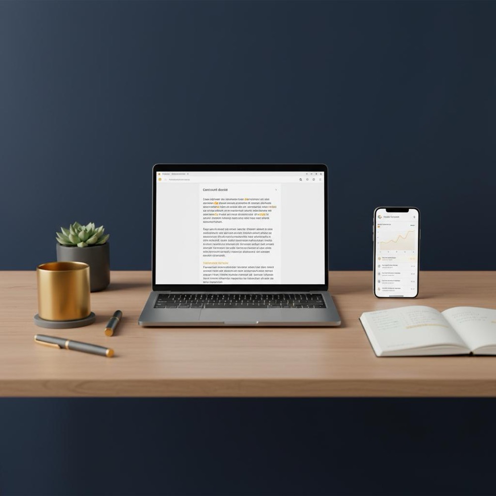 Tidy content team desk with laptop showing article draft, notebook of keyword clusters, and phone displaying Google Search Console graphs for organic SEO