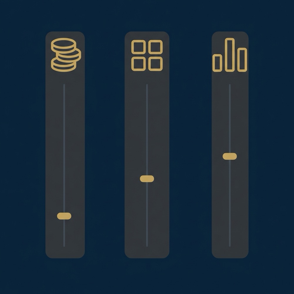 Minimal 2D vector infographic showing three decision axes with icons for budget coin stack CMS grid and measurement bar chart on dark blue Orvus Ltd background seo for blog posts