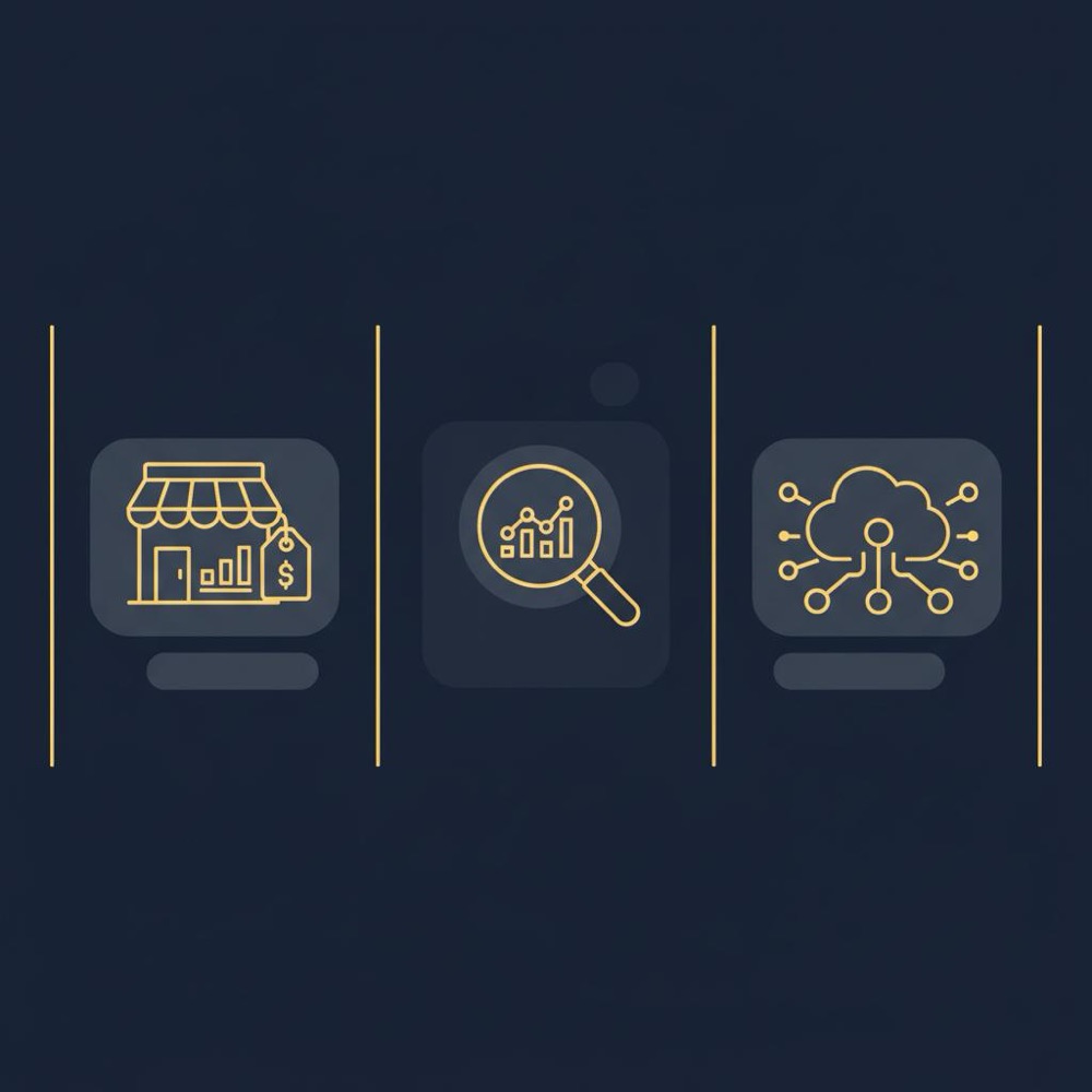 Minimal 2D vector infographic showing three columns for Advertiser Data, Search Console, and Third-Party Models on a #0B1E33 background using brand accents - keyword tool accuracy