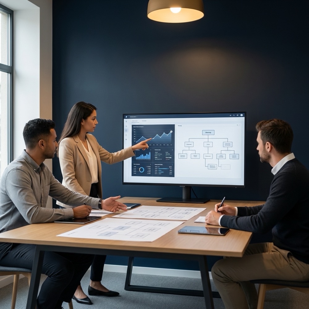 Small team reviewing analytics dashboards and site architecture diagrams in a minimalist navy office for seo services pricing