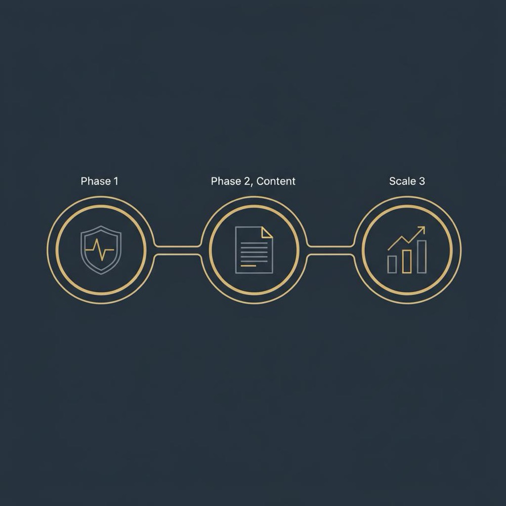 Minimal 2D vector timeline infographic showing three SEO phases (health, content, scale) on a #0B1E33 background - how much to spend on seo