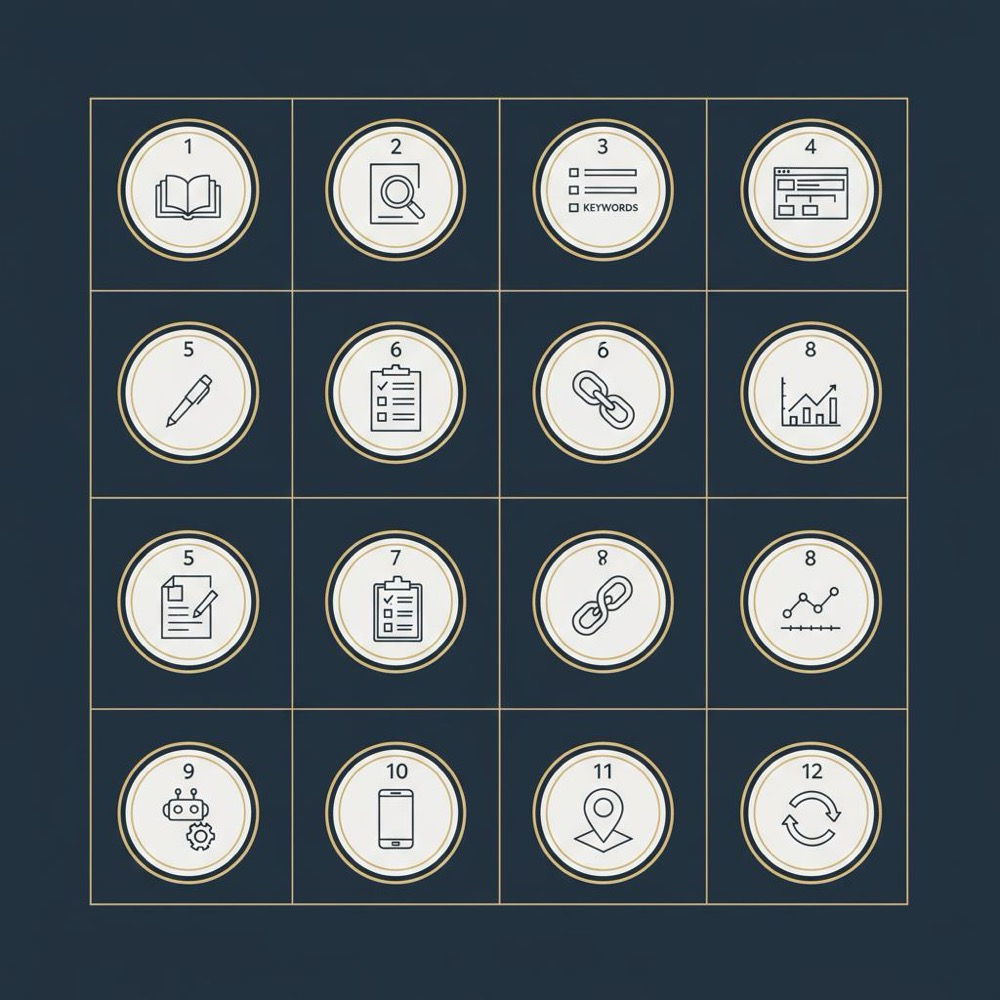 Minimal 2D vector 12-week SEO self-study infographic in Orvus Ltd. colors showing simple week icons in a clean grid - how do I teach myself SEO