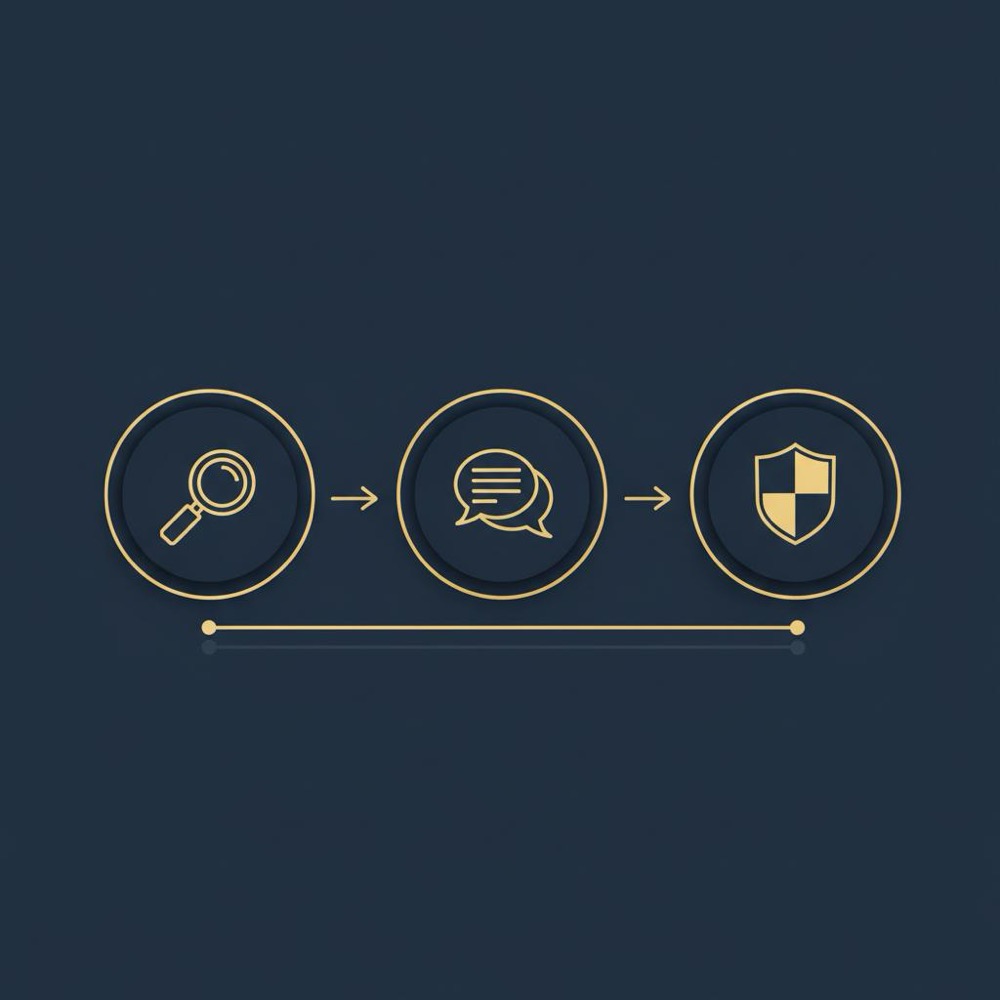 Minimal 2D vector infographic on navy background showing a three-step flow with magnifying glass, speech bubble, and shield icons in gold and muted gray for deleted Google reviews.