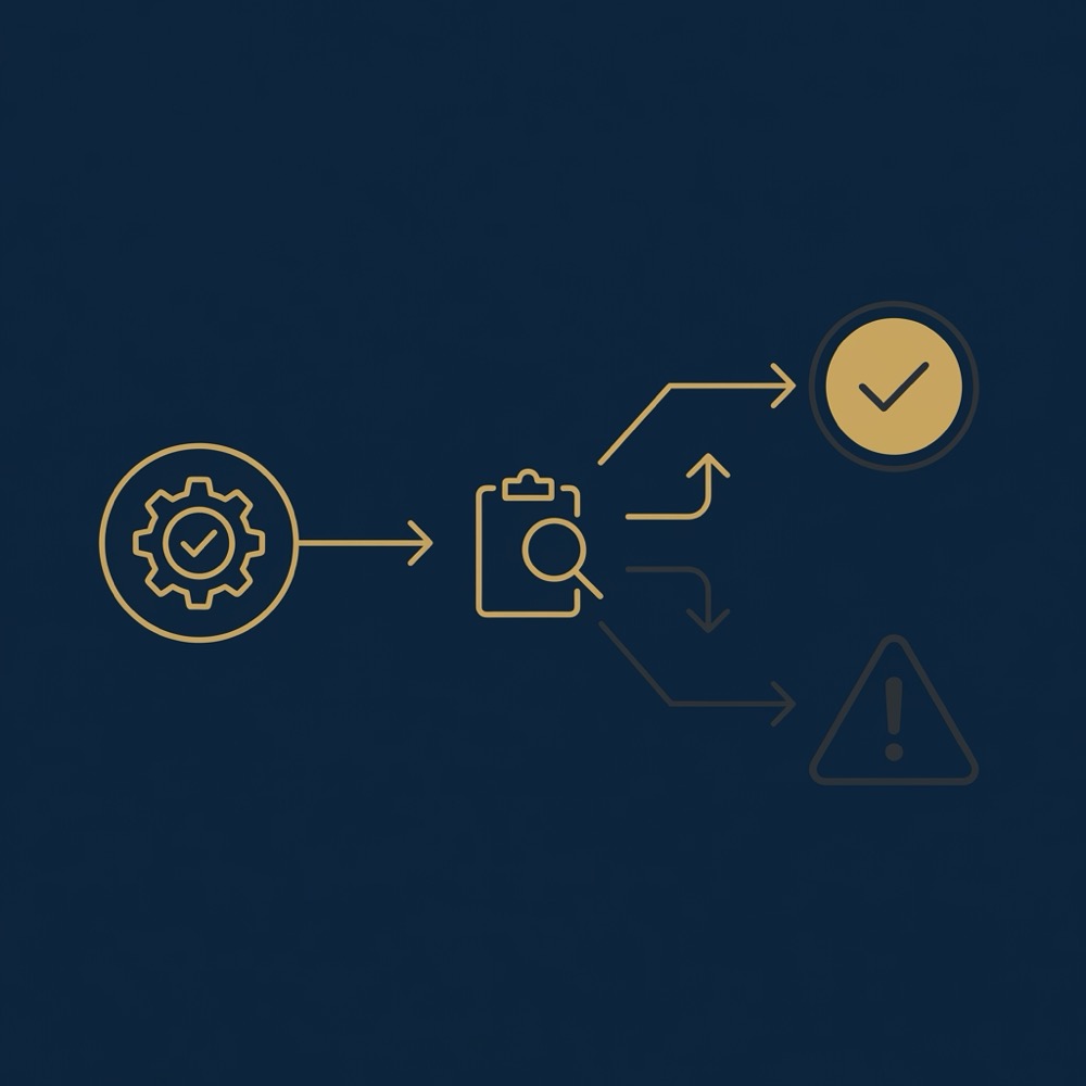 Minimal vector infographic of an evaluation flow showing automated checks icon clipboard human review icon and branching pass and escalate paths on deep navy background rewrite