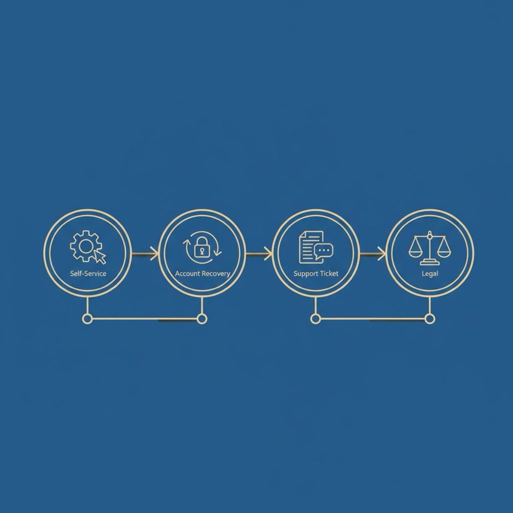 Minimal vector infographic illustrating delete review process with four icons (self-service, account recovery, support ticket, legal) on Orvus Ltd dark blue background.