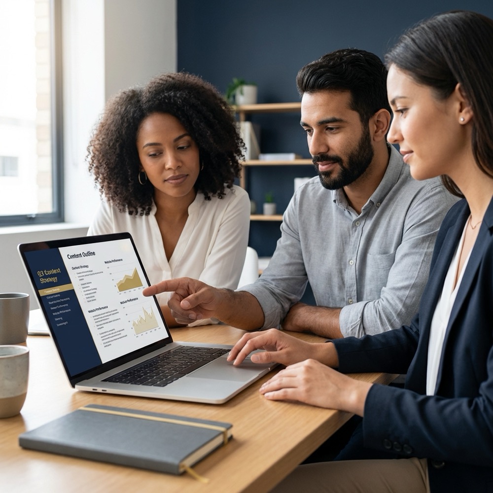 Small team reviewing content outline and analytics on laptop in a modern office with navy background 0B1E33 and gold accents C8A45D focused on internet marketing seo
