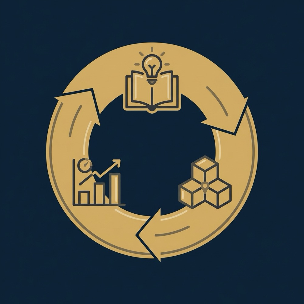 Minimal 2D vector infographic showing a learn build measure loop with three icons in Orvus Ltd brand colors on dark blue background internet marketing seo