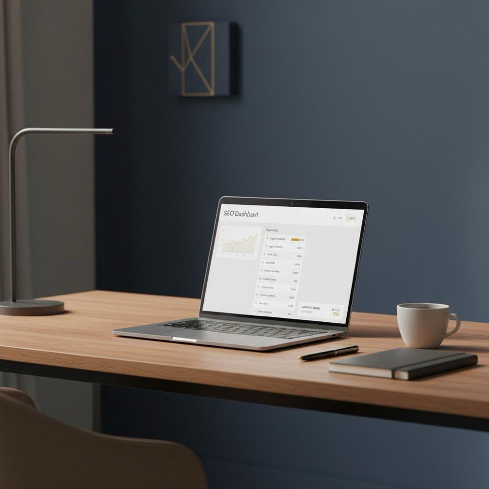 Minimalist office desk with laptop showing a simple SEO dashboard and coffee cup, clean composition - how much to spend on seo