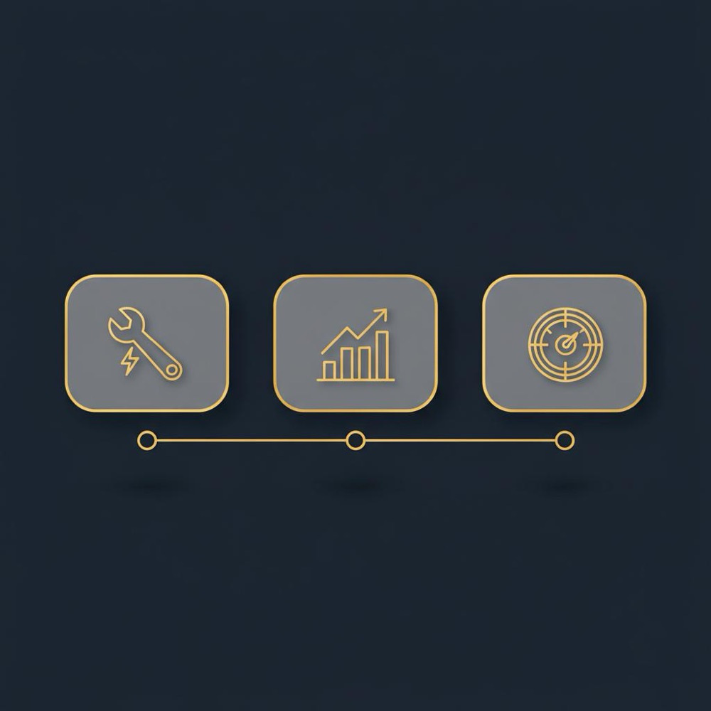 Minimal 2D vector infographic on dark navy background showing a 30-60-90 day sprint timeline represented by three icon panels (fixes, improvements, measurement) for cheap SEO.