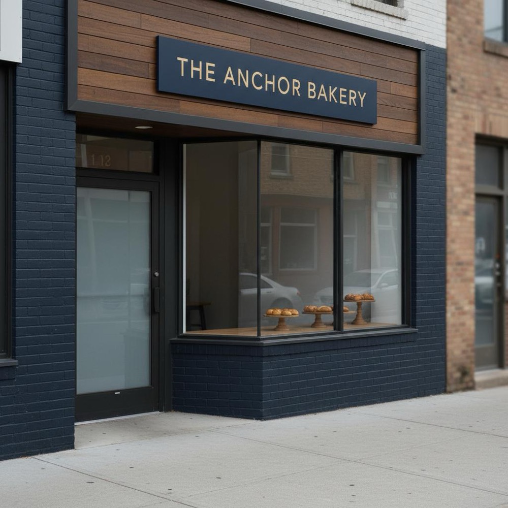 Minimalist neighborhood storefront shot from the sidewalk with clear sign and visible door, muted urban tones and subtle #C8A45D accents in natural light - local SEO