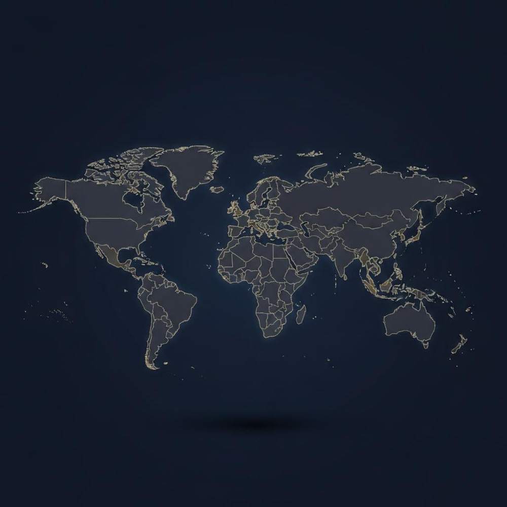 Minimalist world map highlighting China, Russia, European Union and United States in Orvus Ltd. colors on deep navy background, illustrating search engine market share