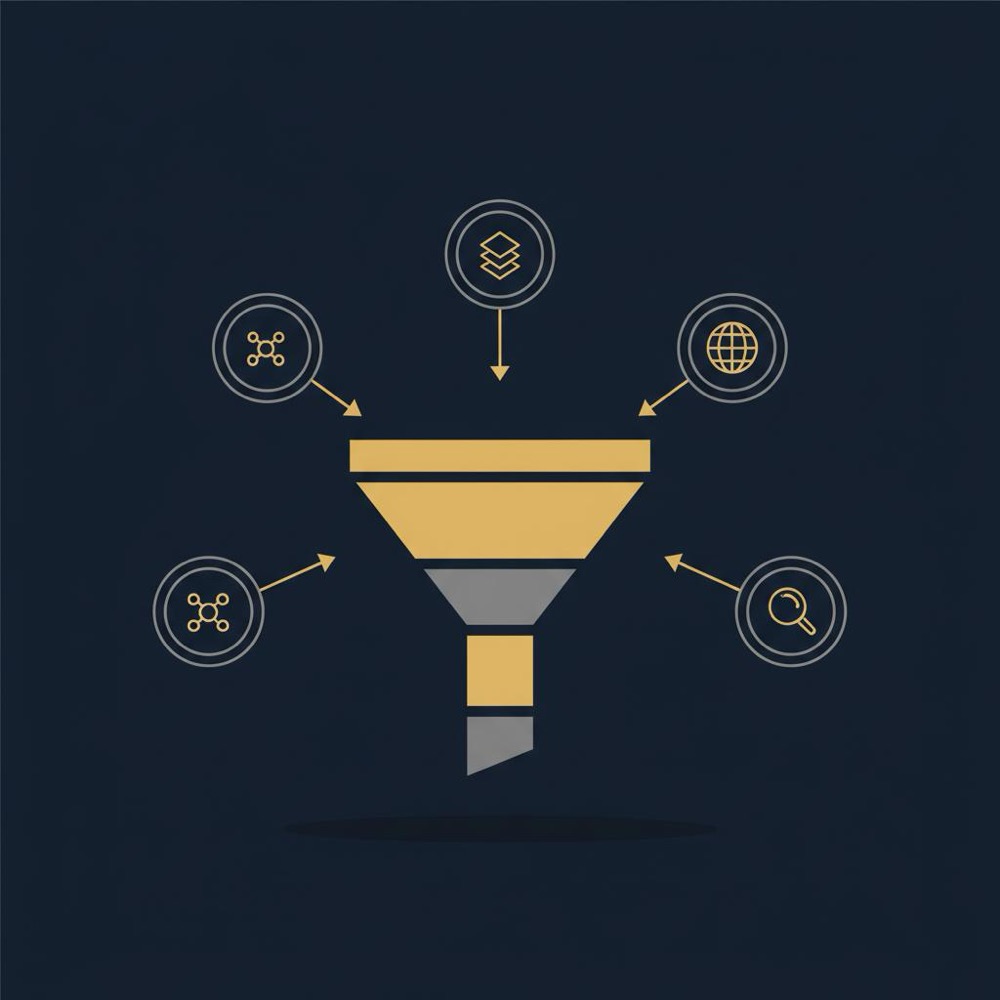 Minimal 2D vector funnel infographic on dark navy background showing search engine market share with four neutral icons and gold accents, no text or logos