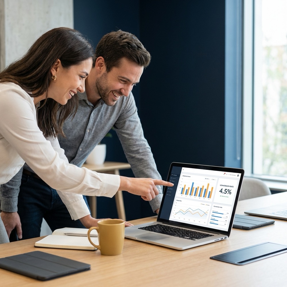 Three person marketing team reviewing a laptop analytics dashboard in a minimalist office demonstrating seo on page and off page focus and collaborative data review