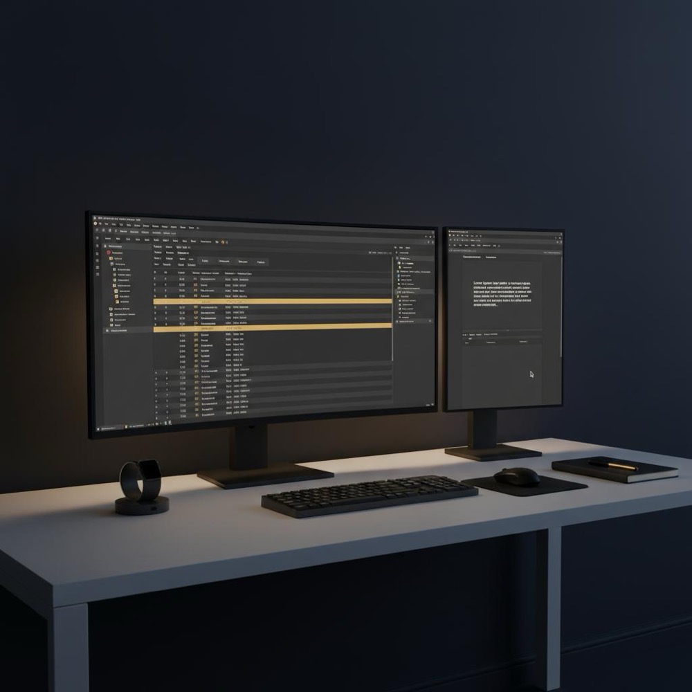 is seo an it skill - minimalist photo of dual-monitor developer workstation showing DevTools Network panel and a content editor, dark blue background #0B1E33 with gold highlights #C8A45D, no faces.
