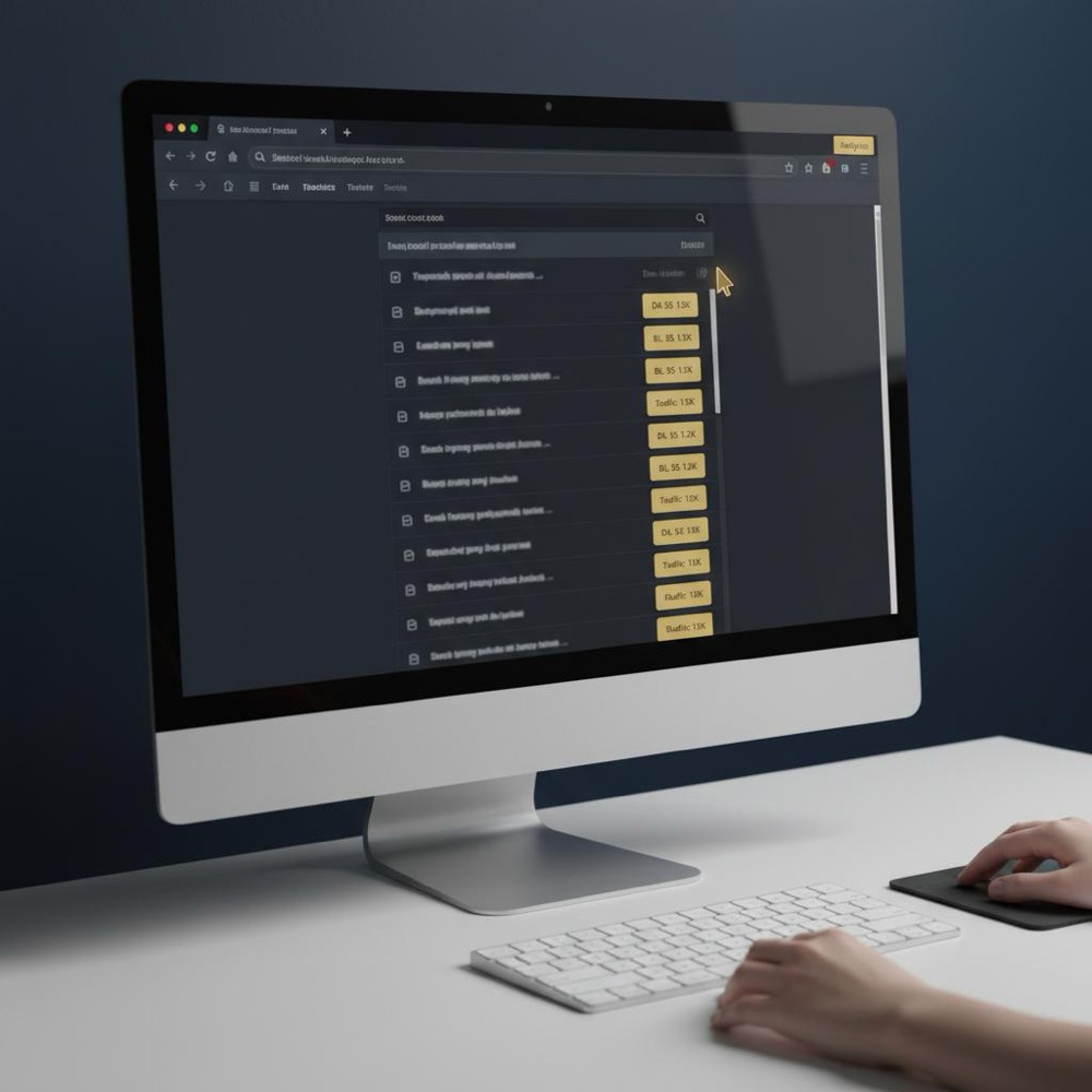 Clean desktop with monitor displaying a search results page featuring MozBar-style metric overlays and small gold badges, focus on screen and cursor, minimalist Orvus Ltd color palette