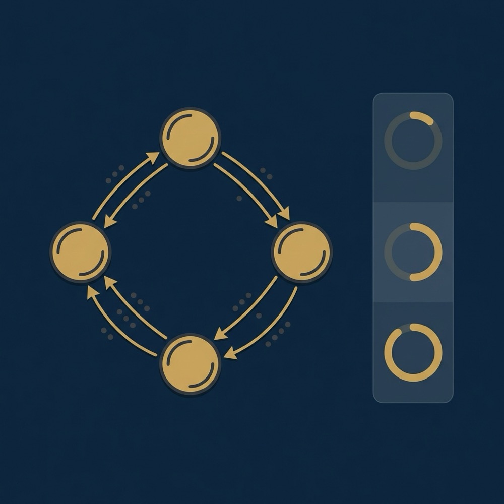 Compact 2D vector infographic of a four node directed graph with a stepwise visual overlay illustrating pagerank flow in Orvus brand colors