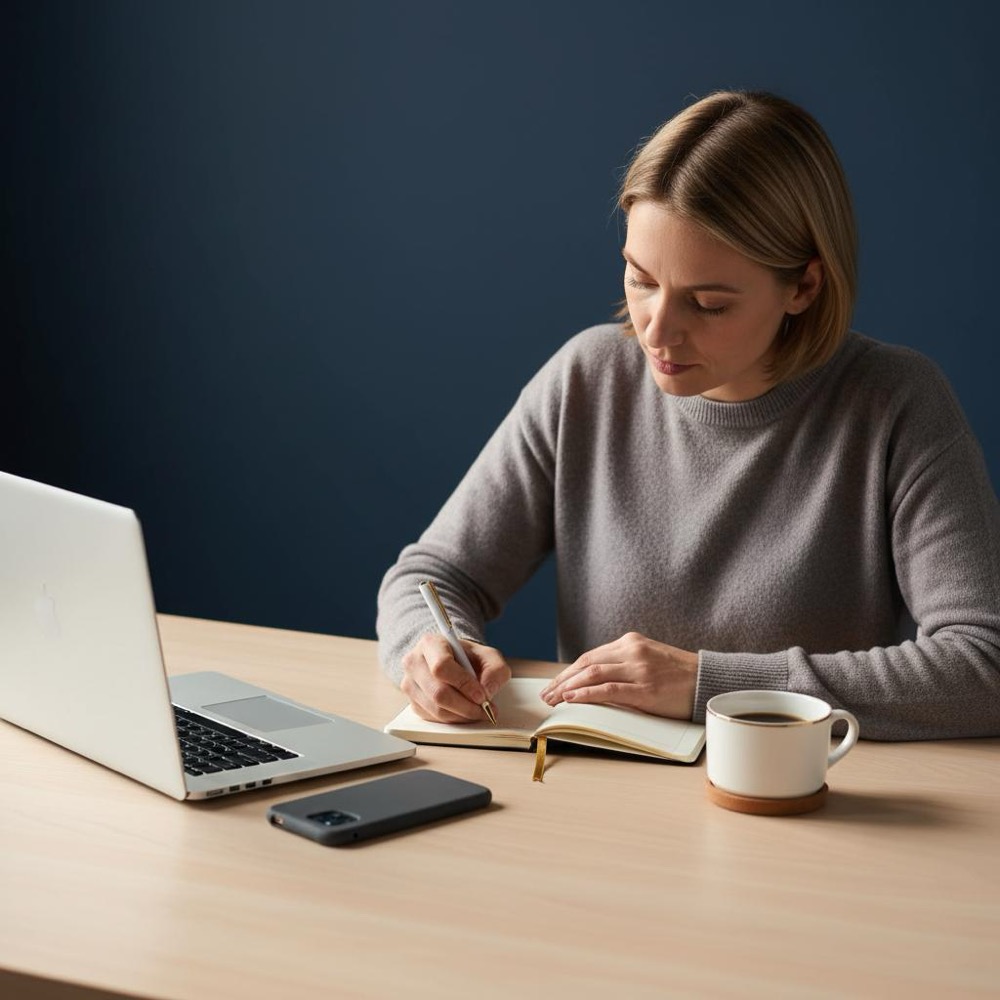 Small business owner writing notes beside a laptop, phone and coffee on a neat desk with warm lighting and subtle DIY SEO brand accents
