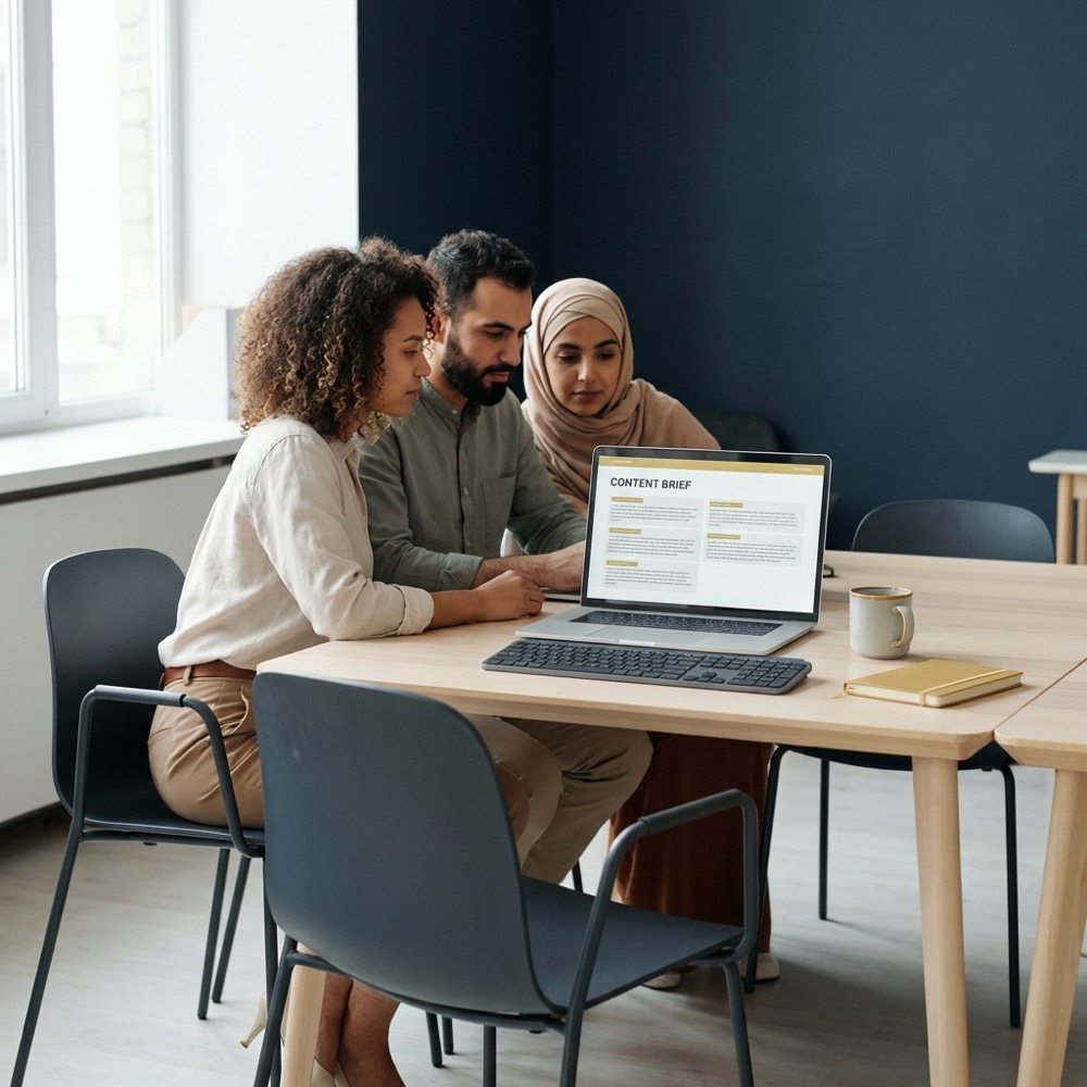 Three person team reviewing a content brief on a laptop in a bright minimalist workspace with Orvus brand deep navy background gold accents and seo writing focus