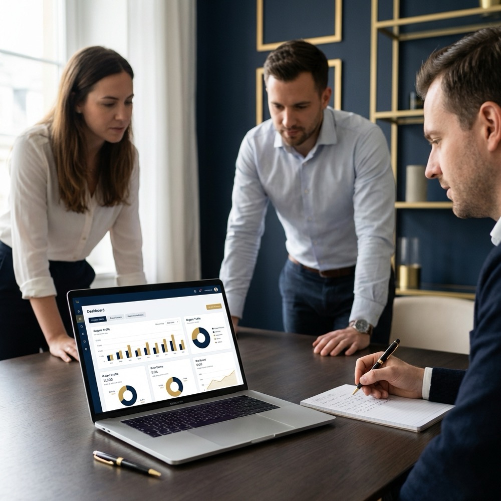 Small team reviewing a technical audit on a laptop with a simple dashboard and notes in a minimalist office setting for seo firms