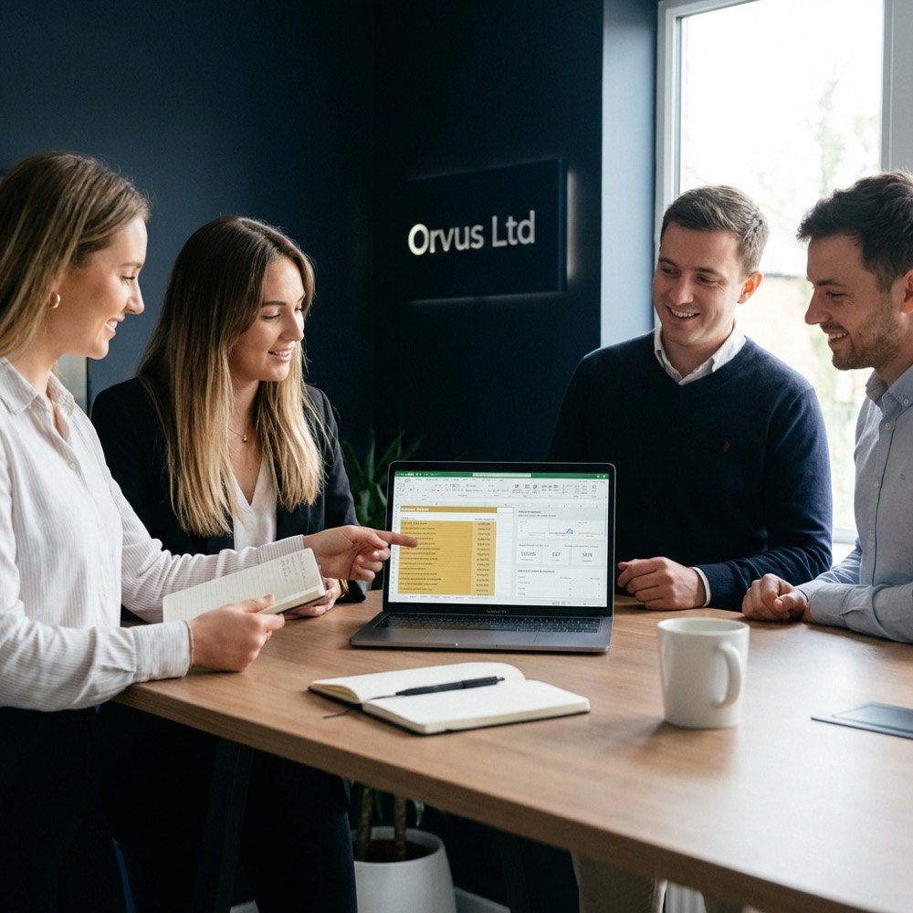 Small marketing team reviewing search query spreadsheets and dashboards on a laptop in minimalist Orvus Ltd office with longtail seo focus