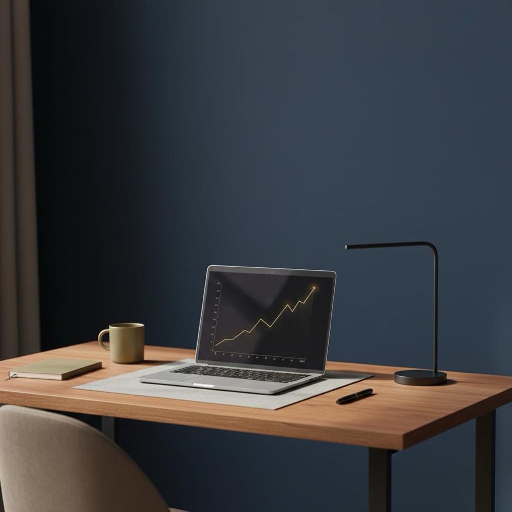 Tidy home-office desk with laptop showing a keyword ranking graph for a rank tracker, Orvus Ltd. accent mug and notebook in #C8A45D on navy #0B1E33 background
