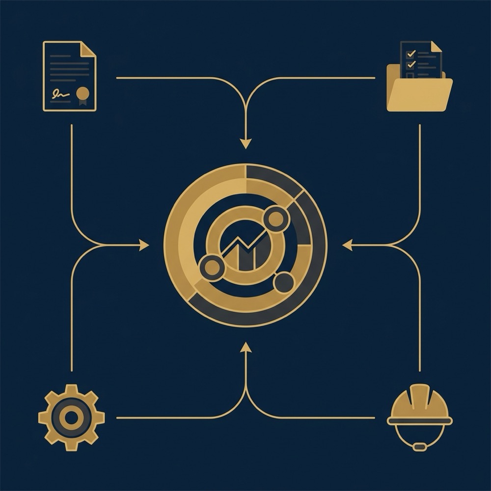 Minimalist vector infographic showing four icons for retainers projects tooling and labour converging into a central margin node on a dark blue background for seo business