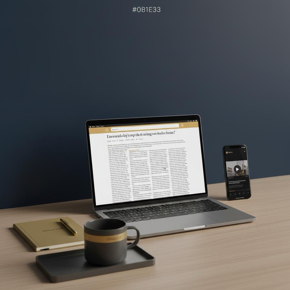 Minimalist workspace with laptop showing a long-form article and phone playing a short-form video, Orvus Ltd color accents, alternatives to blogging