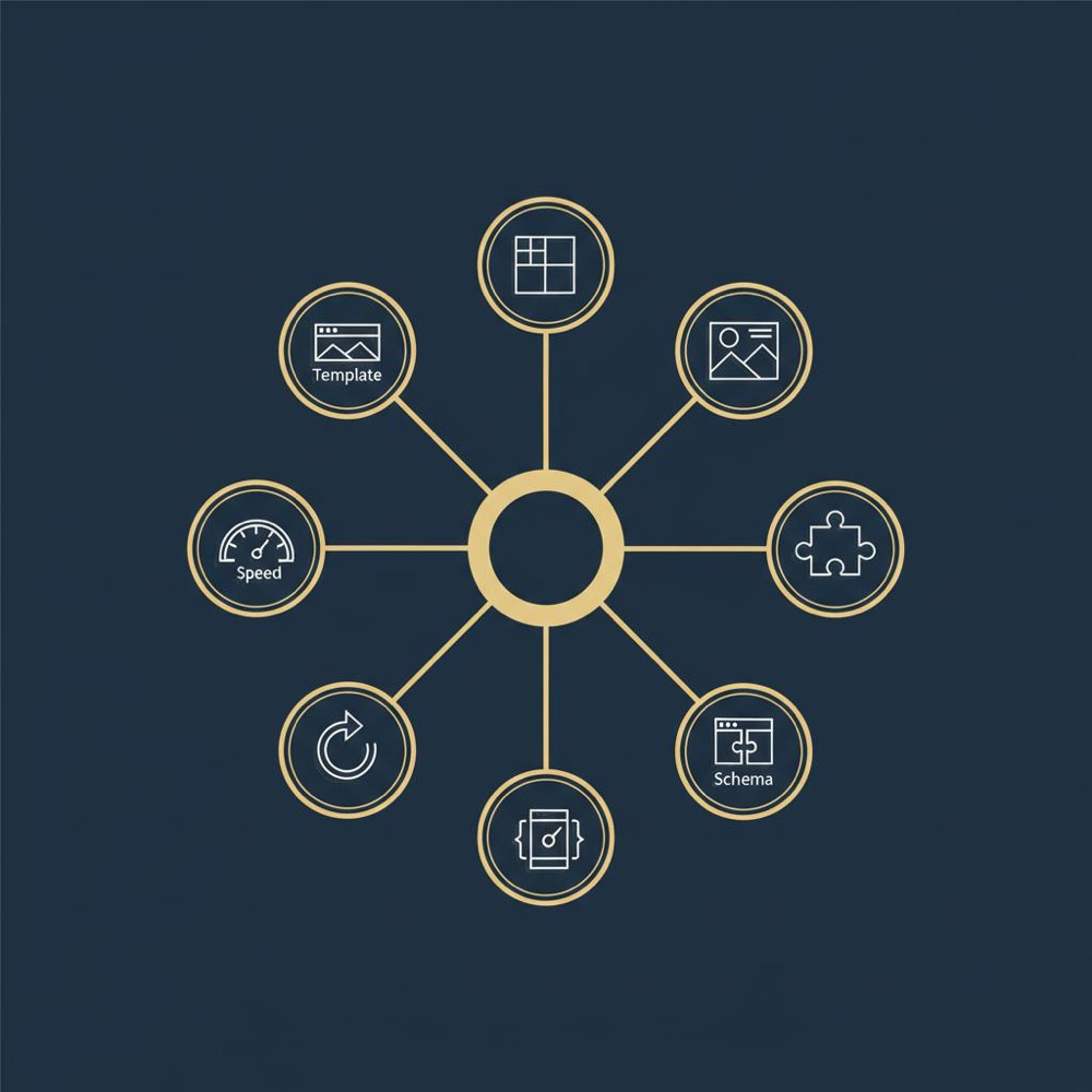 Minimal vector flowchart of Wix SEO checklist with six icons (template, images, apps, schema, redirects, speed) on navy #0B1E33 background.