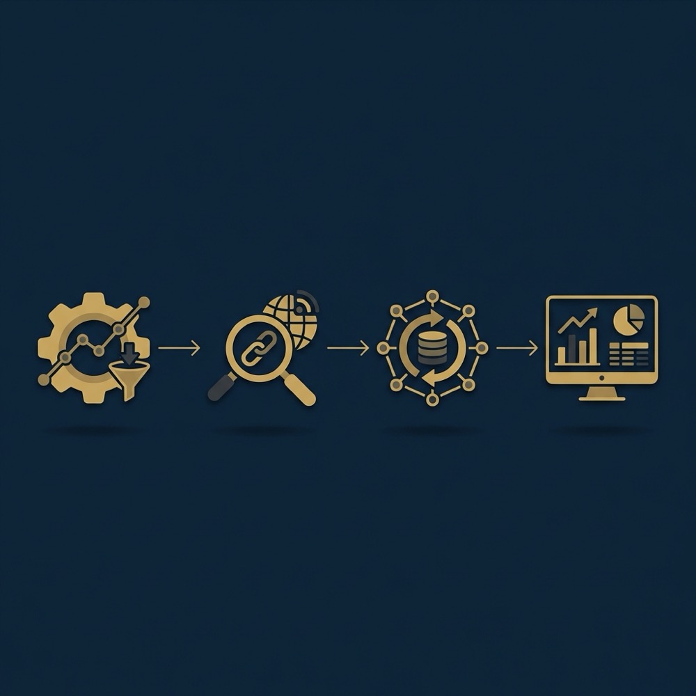 Minimal 2D vector infographic showing analytics seo workflow with GA4 event mapping Search Console linking crawl consolidation and dashboarding on deep blue background