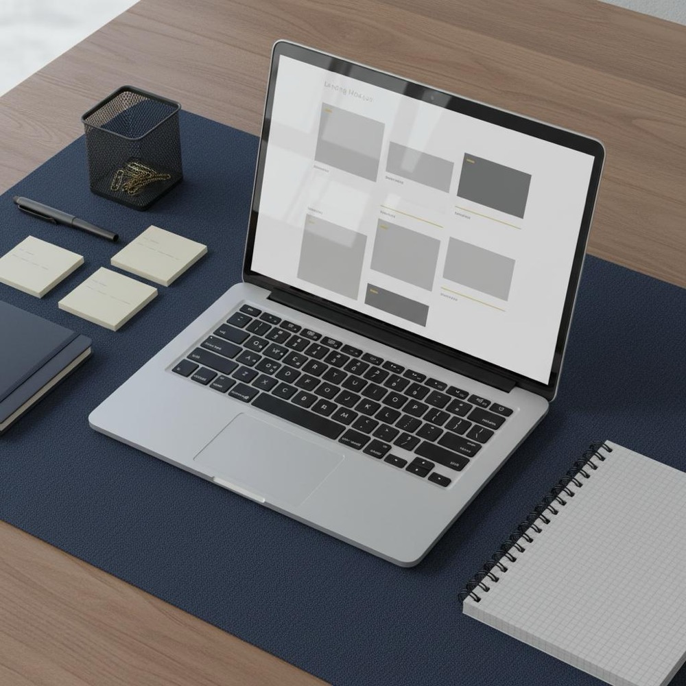 what does a copywriter do: tidy modern desk with laptop showing a landing page wireframe, printed testing diary and sticky notes with Orvus Ltd. color accents