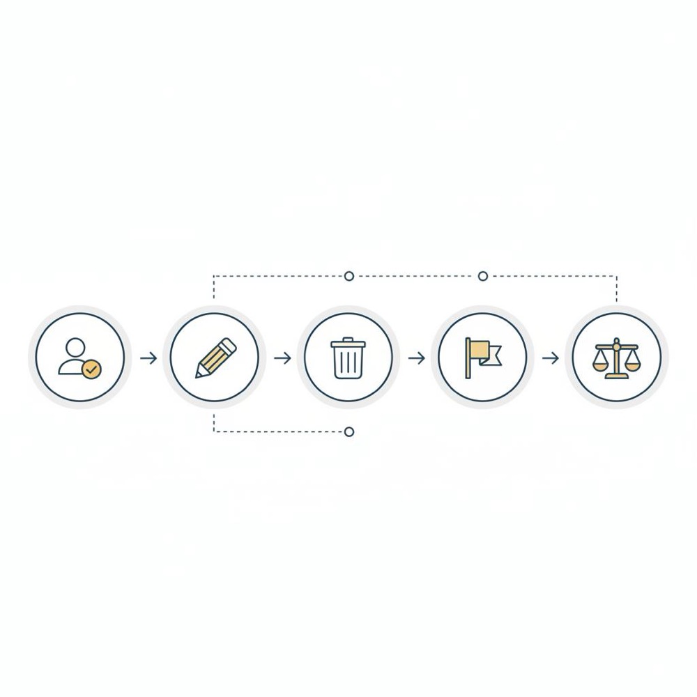Minimal 2D vector infographic with five icons (account check, edit, delete, flag, legal) in Orvus Ltd colors on dark blue background - delete my Google review
