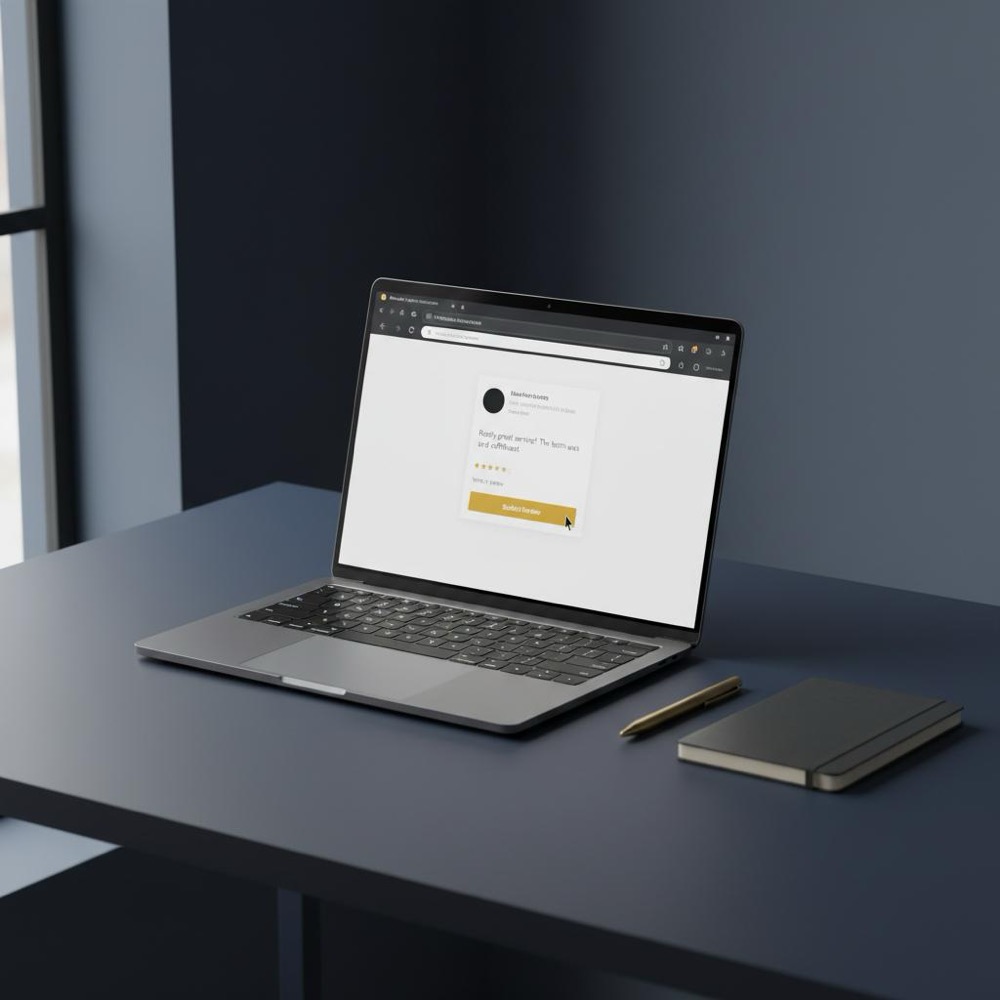 Minimal desktop workspace with laptop showing a business listing and a cursor hovering over a review, styled in dark navy and gold to illustrate how to remove old Google review.