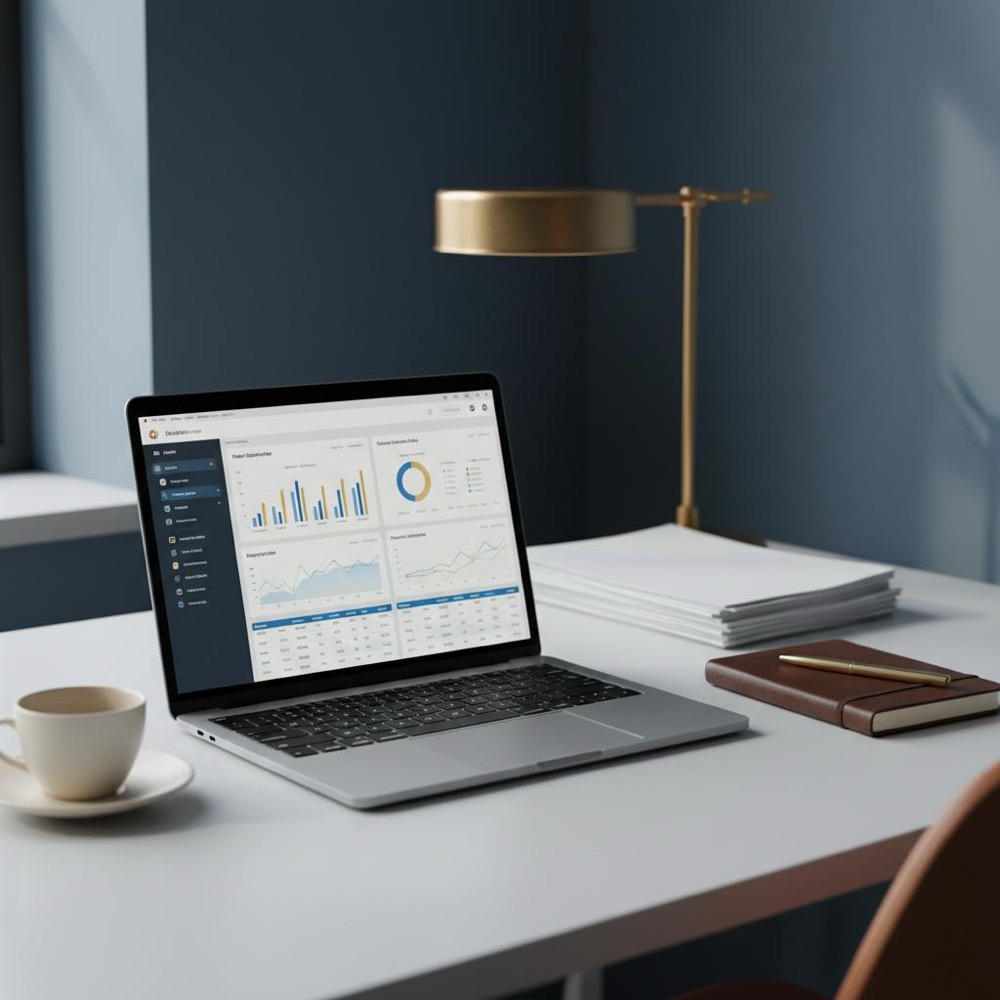 Minimalist home office desk with laptop showing analytics charts, notebook and coffee cup, color-graded to Orvus Ltd palette - seo hourly rate