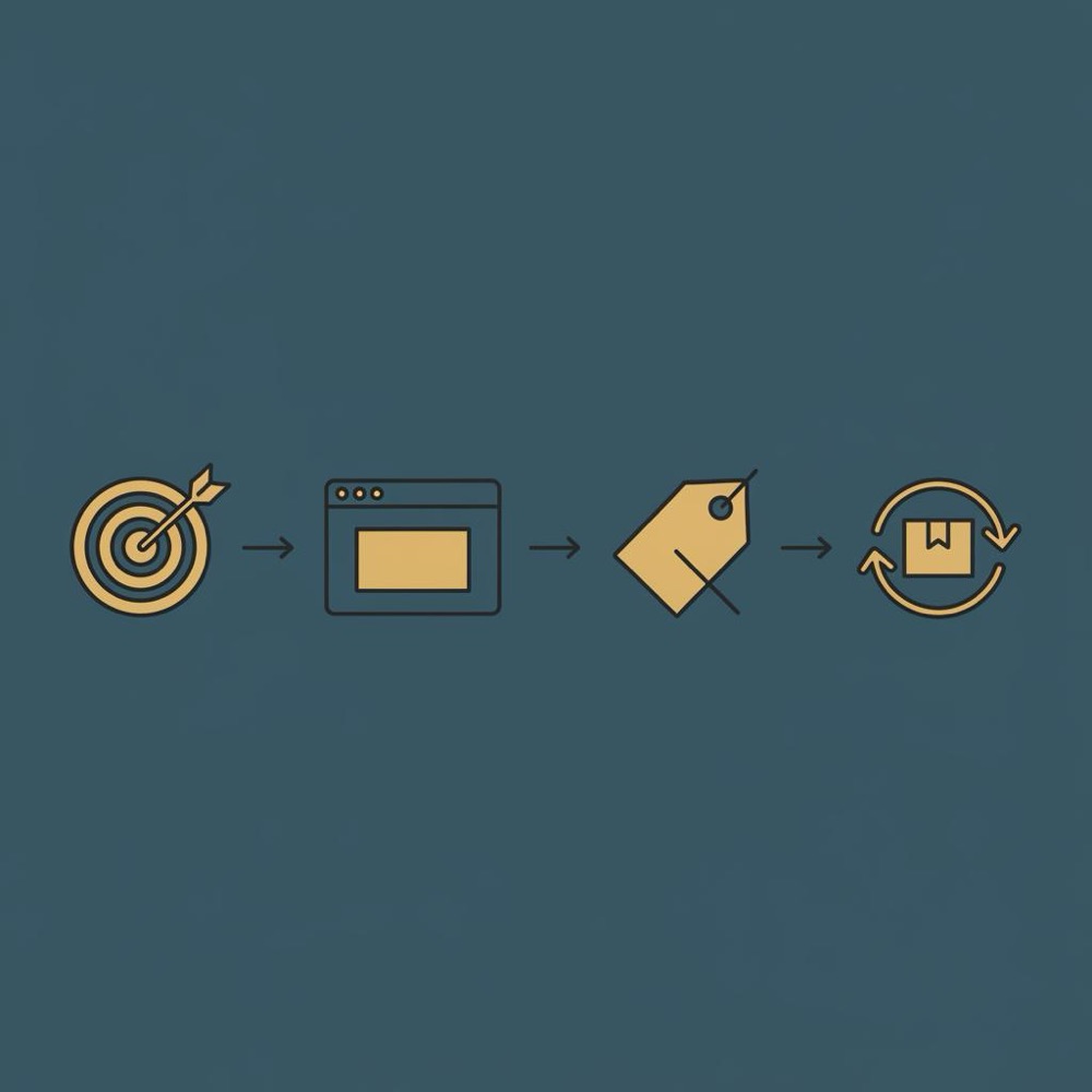 Minimal 2D vector infographic showing four icons for targeting, landing page, negative keywords, and remarketing in Orvus palette - google ads daily budget